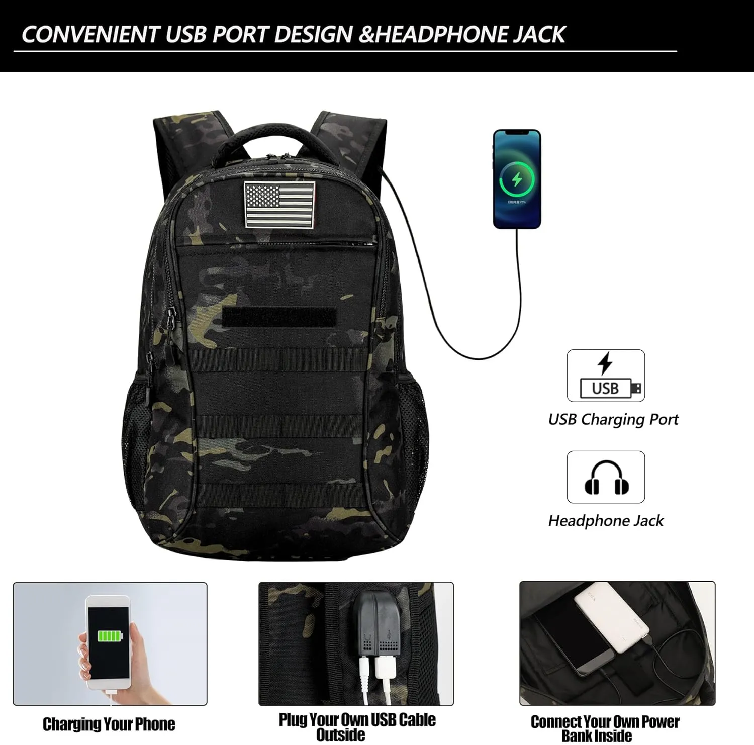 Camo Backpack 40L Military Elementary Middle School Boys Backpack Molle with USB Charging Port & Flag Patch