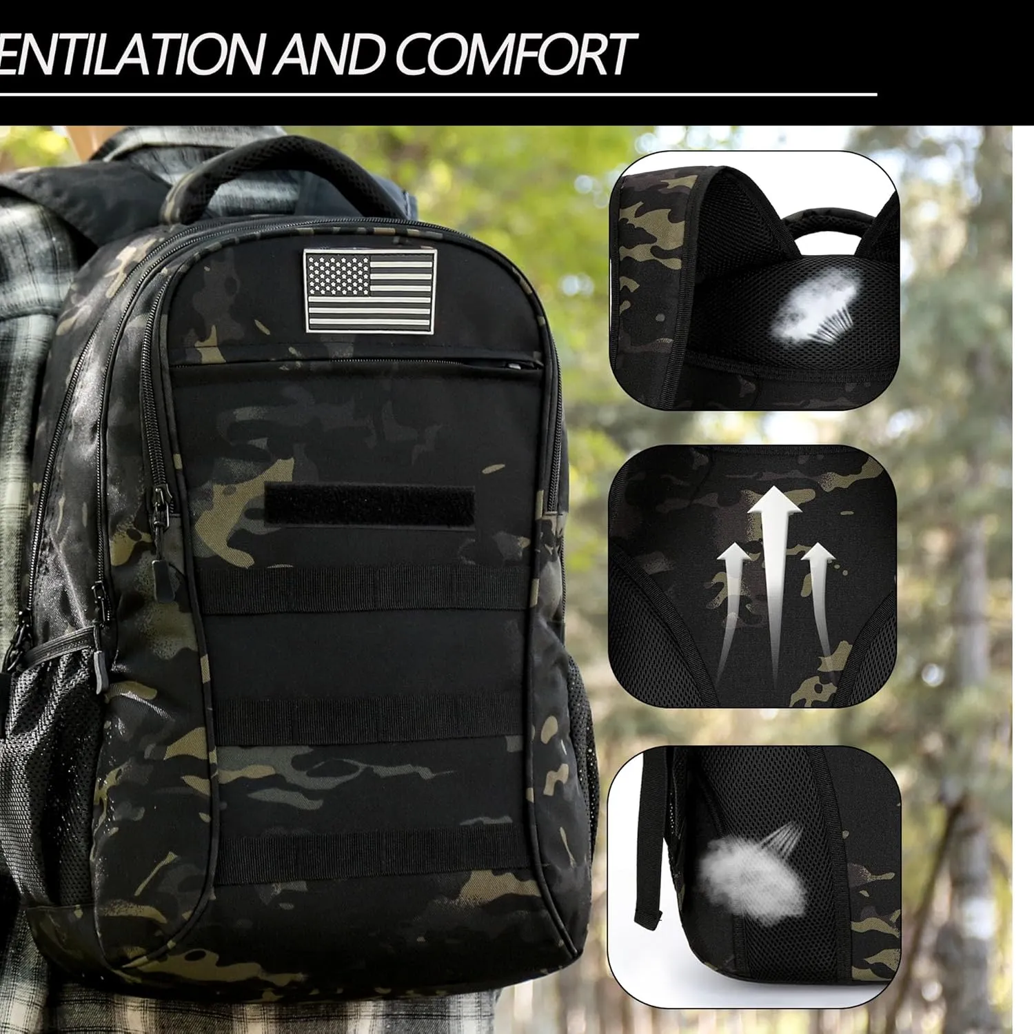 Camo Backpack 40L Military Elementary Middle School Boys Backpack Molle with USB Charging Port & Flag Patch