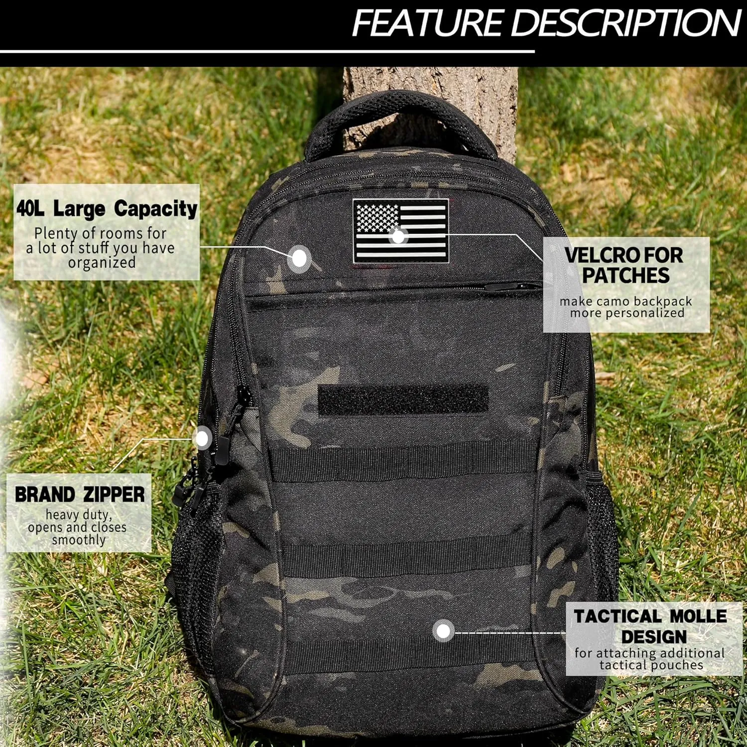 Camo Backpack 40L Military Elementary Middle School Boys Backpack Molle with USB Charging Port & Flag Patch