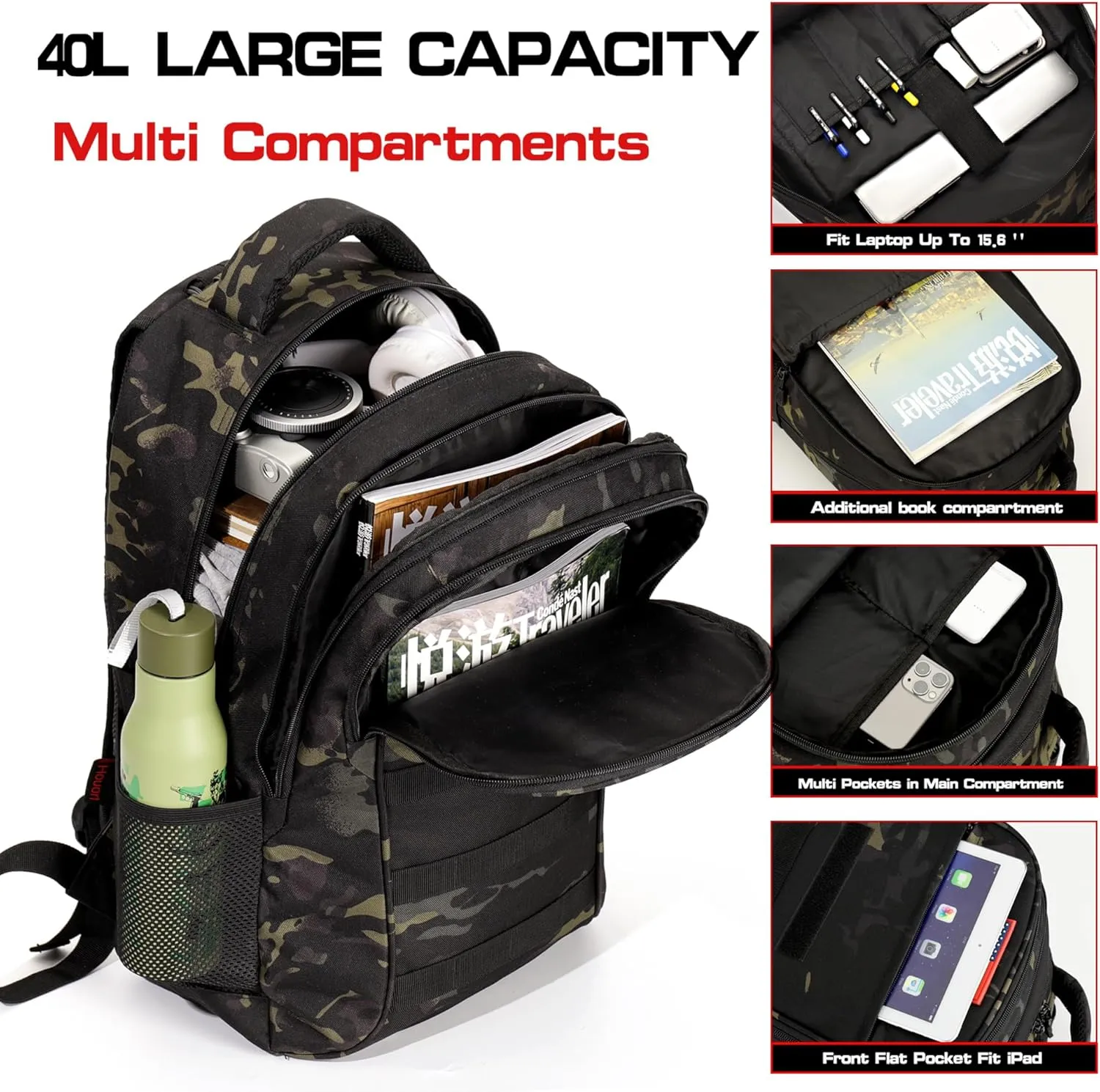 Camo Backpack 40L Military Elementary Middle School Boys Backpack Molle with USB Charging Port & Flag Patch