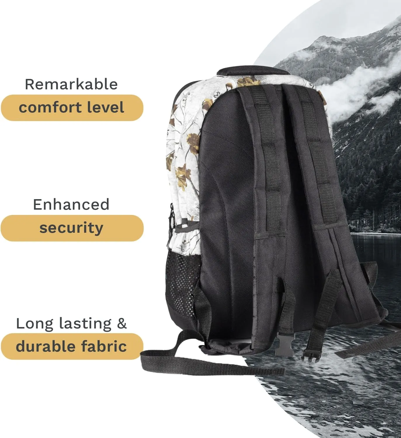 Camo Backpack in Licensed Realtree Prints, Lightweight and Durable Backpack, Hiking and Hunting with YKK Zipper (Xtra Snow/Black)