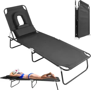 Camping Chair Folding Beach Lounge Chair Face Down Tanning Chaise Sunbathing Recliner 265LBS Max Load with 5-Angle Backrest 3 Removable Pillows for Beach Pool Lawn Yard Patio Office Nap Camping