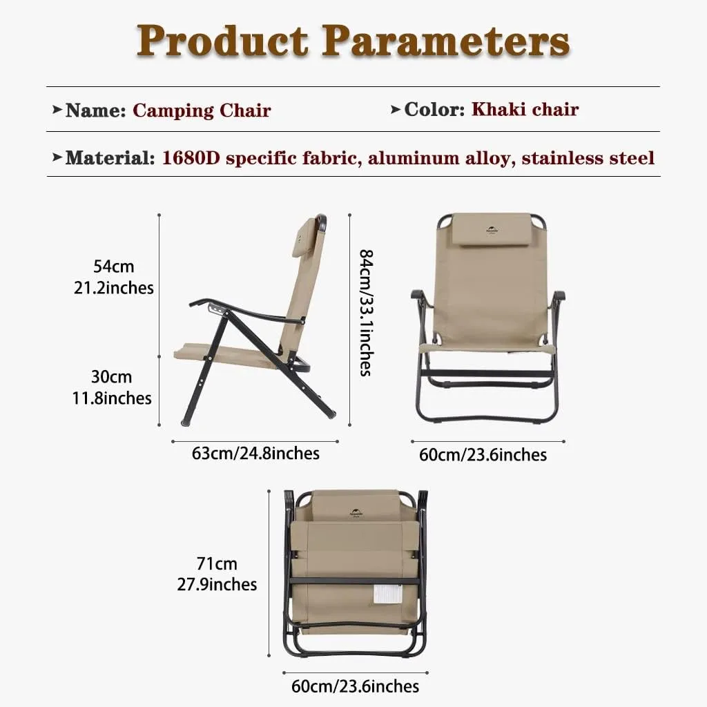 Camping Chair Recliner Comfortable Beach Chair with High Back, Outdoor Folding Ergonomic Director's Chair, Sturdy Aluminum Alloy Director's Chair, Load Bearing 240lb