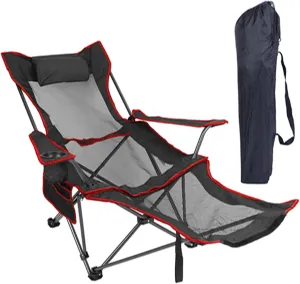 Camping Chair Reclining, Portable Camping Lounge Chair, Foldable Camping Chair with Headrest, Cup Holder, Folding Mesh Recliner Lounge Chairs for Camping Outdoor Lawn(Black)