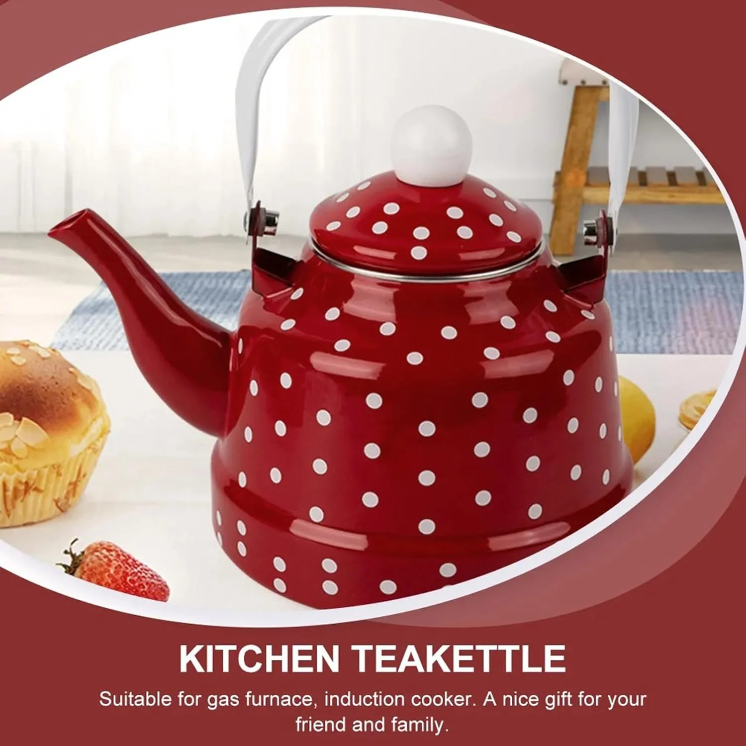 Camping Coffee Pot, Red Vintage Enamel Polka Dot Cute Tea Kettle for Stove Top, Camping Hot Coffee Tea Pot(2.5L)