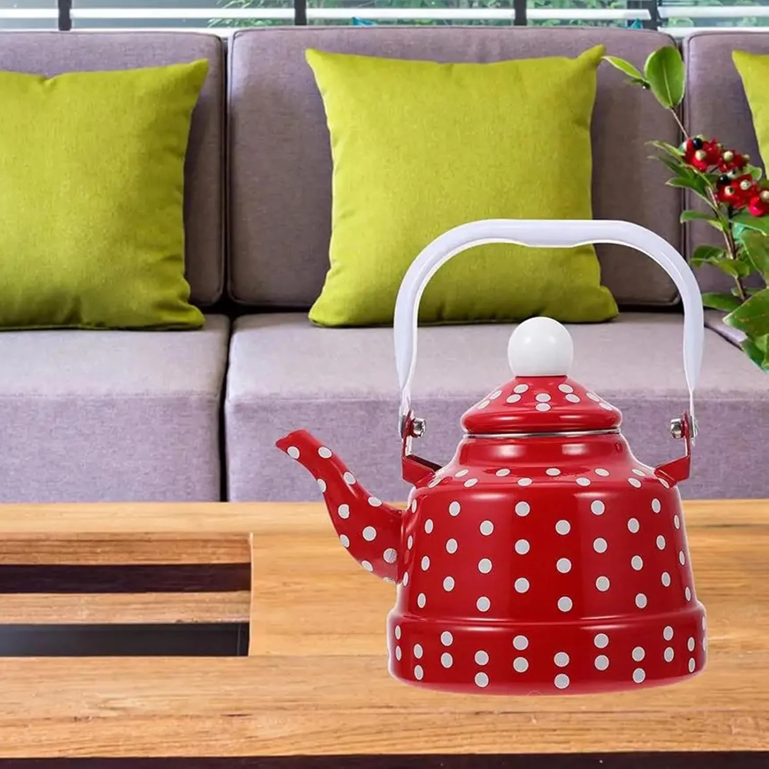 Camping Coffee Pot, Red Vintage Enamel Polka Dot Cute Tea Kettle for Stove Top, Camping Hot Coffee Tea Pot(2.5L)
