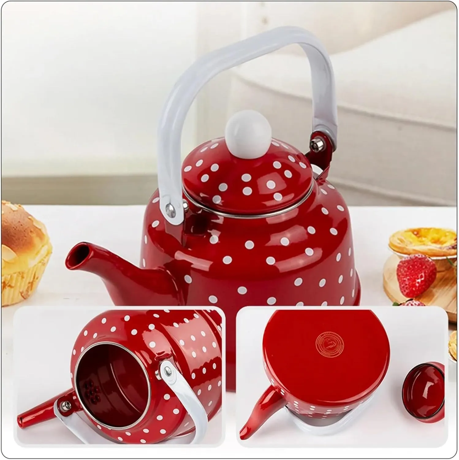 Camping Coffee Pot, Red Vintage Enamel Polka Dot Cute Tea Kettle for Stove Top, Camping Hot Coffee Tea Pot(2.5L)