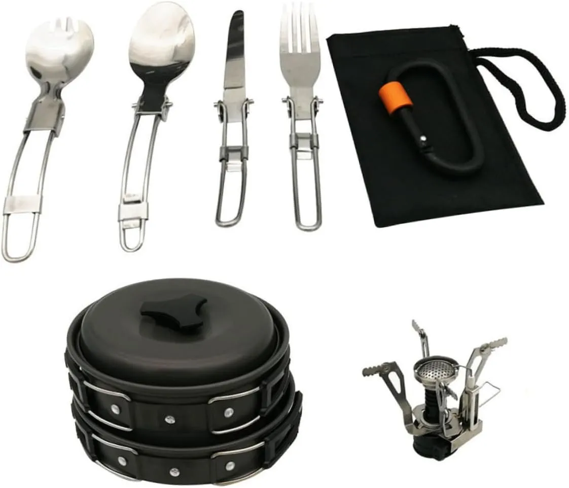 Camping Cookware Set Portable 4-Piece Pot Set Outdoor Cooking Utensil Hiking Pan Non-Stick Easy to Store Carry