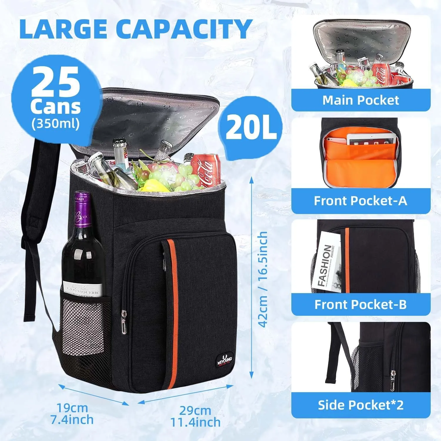 Camping Cooler Backpack 25 Cans, Leak Proof Insulated Thermal Bag, Beach Travel Picnic Lunch Backpack for Men Women