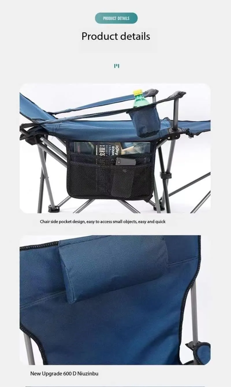 Camping Folding Chair Beach with Footrest Siesta Bed Adjustable Backrest, Portable Reclining Foldable Pillow Cup Holder for Outdoor