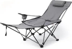 Camping Folding Chair Beach with Footrest Siesta Bed Adjustable Backrest, Portable Reclining Foldable Pillow Cup Holder for Outdoor