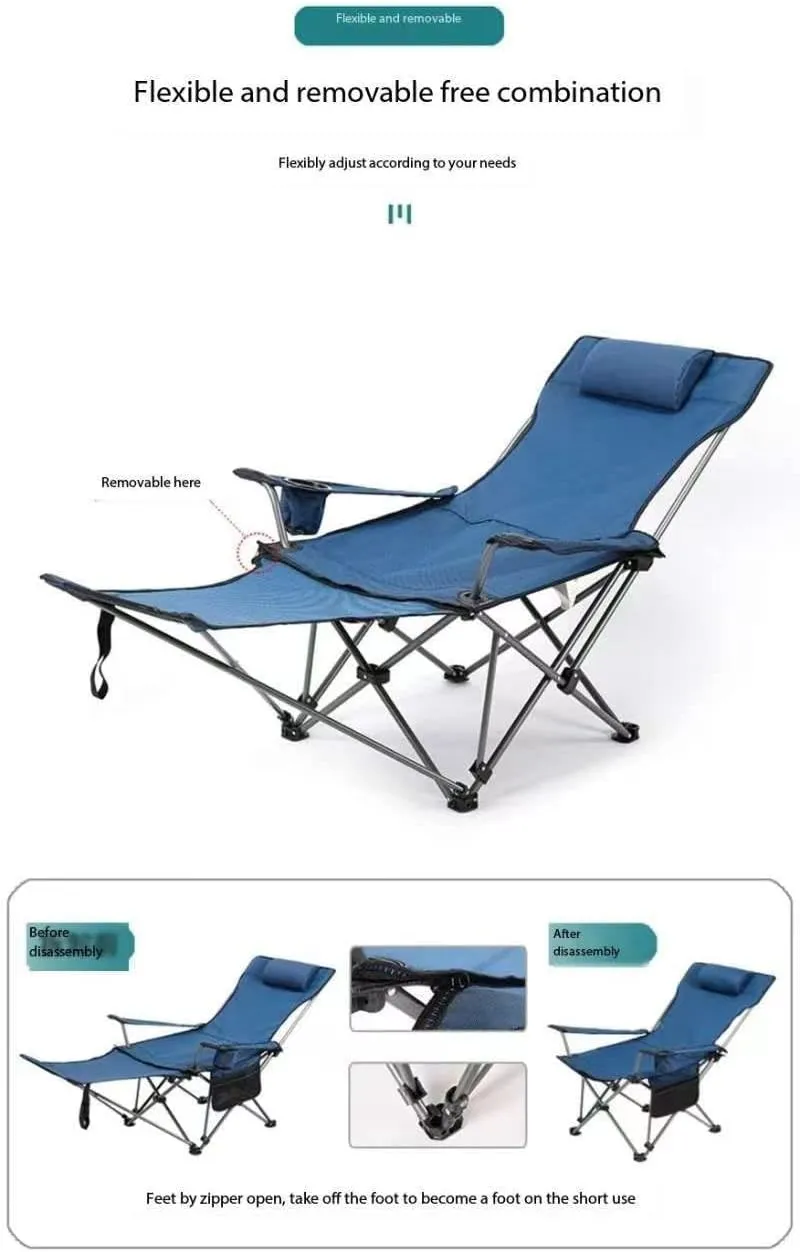 Camping Folding Chair Beach with Footrest Siesta Bed Adjustable Backrest, Portable Reclining Foldable Pillow Cup Holder for Outdoor