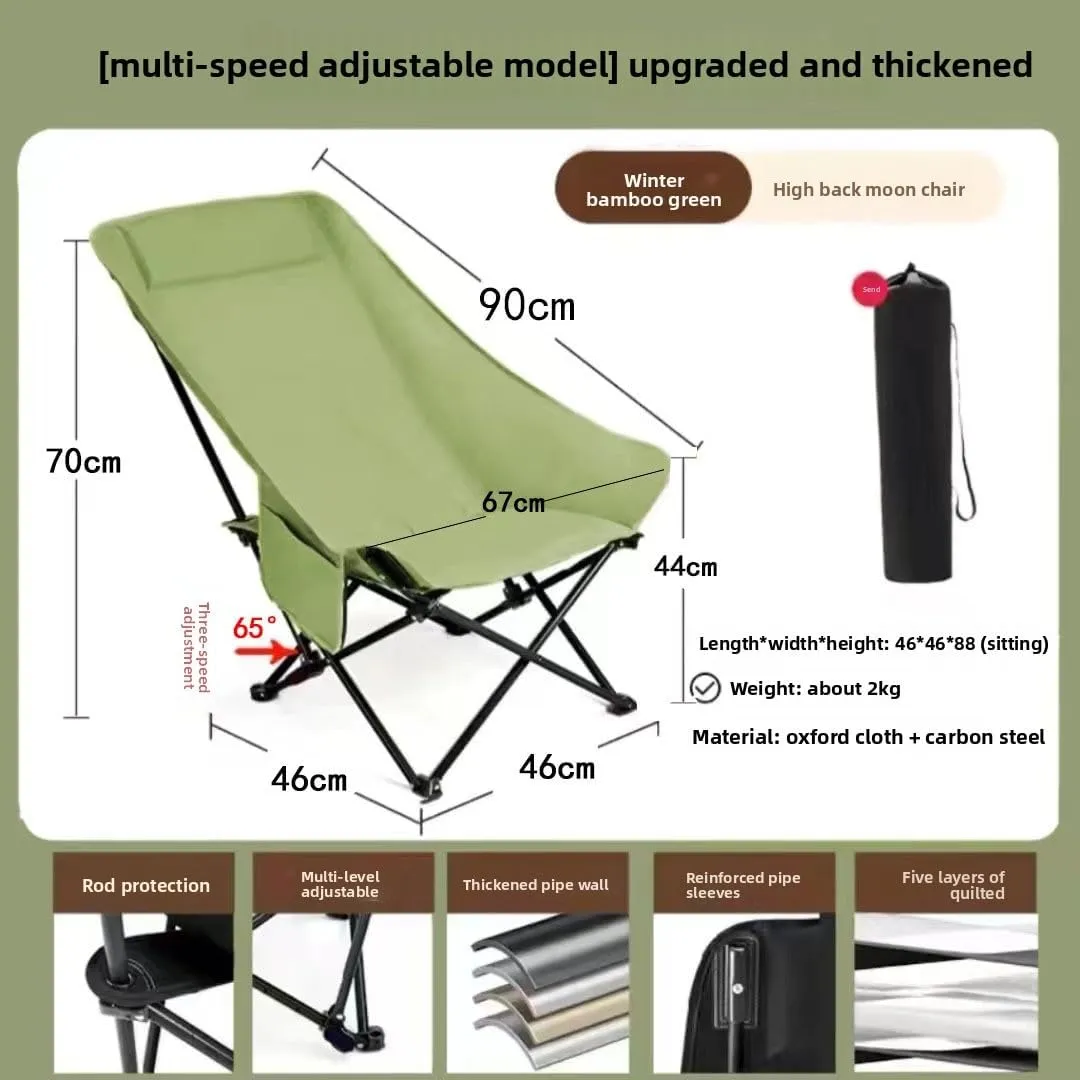 Camping High Back Moon Folding Chair Outdoor Three-Speed Recliner Leisure Carbon Steel Table (Four Gears   Leg Rest [Black])