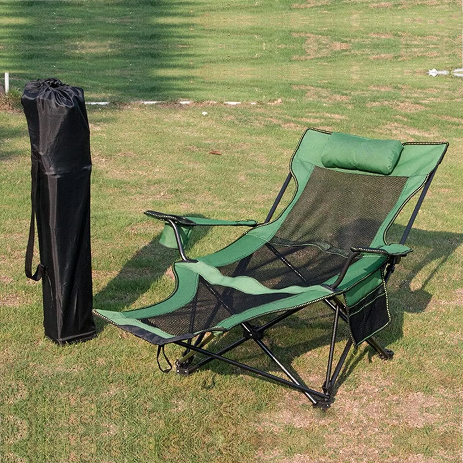 Camping Lounge Chair Folding Camping Chair with Footrest Portable Reclining Camping Chair Headrest Storage Bag Mesh Reclining Chair with Backpack