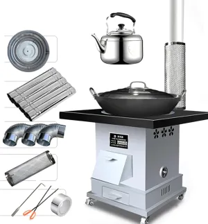 Camping Stove, Stainless Steel Wood Burning Stove with Wok and 7L Kettle and Accessories, Removable casters for Indoor and Outdoor Cooking and Heating (Size : L40*W40*H61CM)