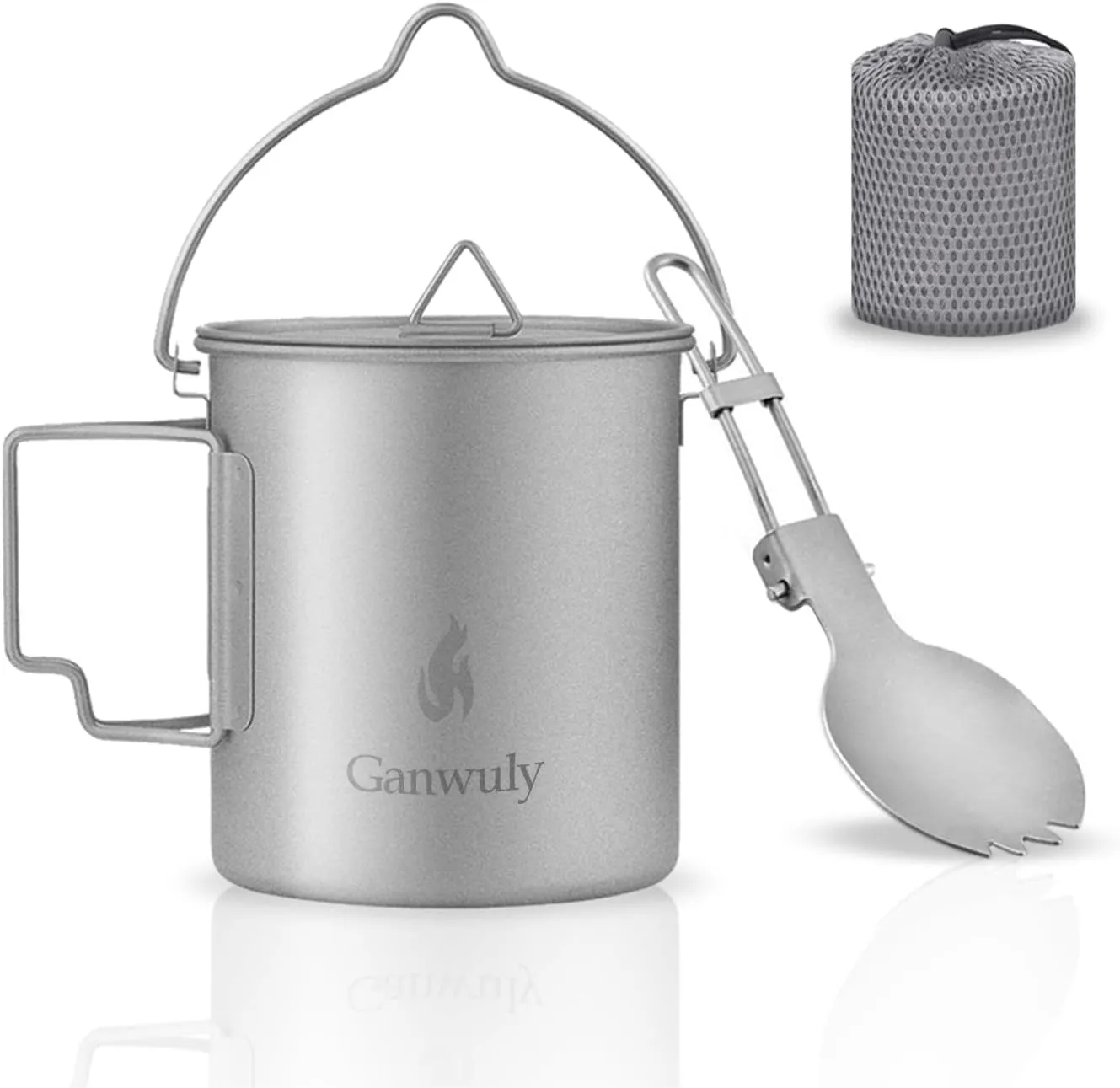 Camping Titanium Pot, 750ml Titanium Pot with Folding Spork, Lightweight Camping Pot for Backpacking Hiking Traveling and Picnic