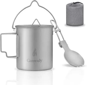 Camping Titanium Pot, 750ml Titanium Pot with Folding Spork, Lightweight Camping Pot for Backpacking Hiking Traveling and Picnic