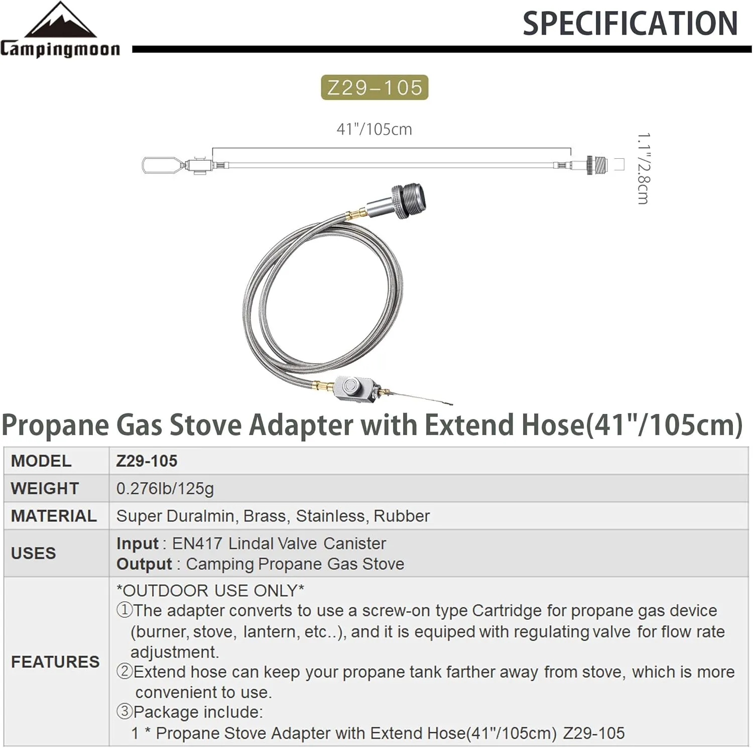 CAMPINGMOON Camping Grill Propane Gas Stove Adapter with Extend Hose(41"/105cm), Input: EN417 Lindal Valve Canister, Output: Propane Gas Stove Z29-105
