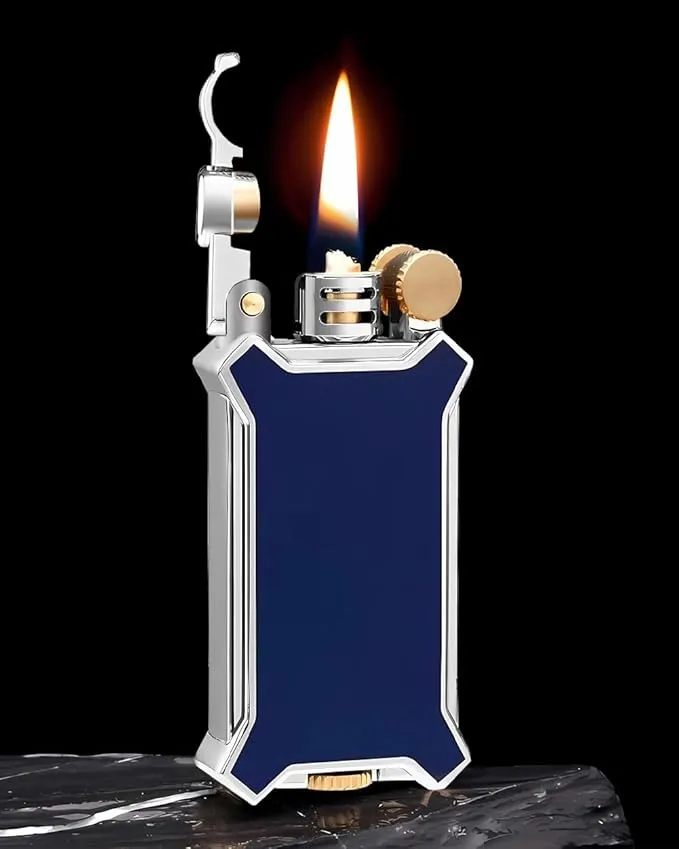 Candle Lighter Soft Flame Refillable Fluid Wheel Lighter Multipurpose Cool Vintage Lighters with Gift Box for Cooking Fireworks Camping Collection Gift (Blue)