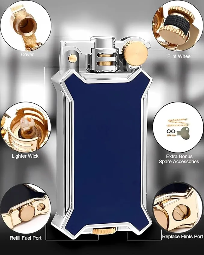 Candle Lighter Soft Flame Refillable Fluid Wheel Lighter Multipurpose Cool Vintage Lighters with Gift Box for Cooking Fireworks Camping Collection Gift (Blue)