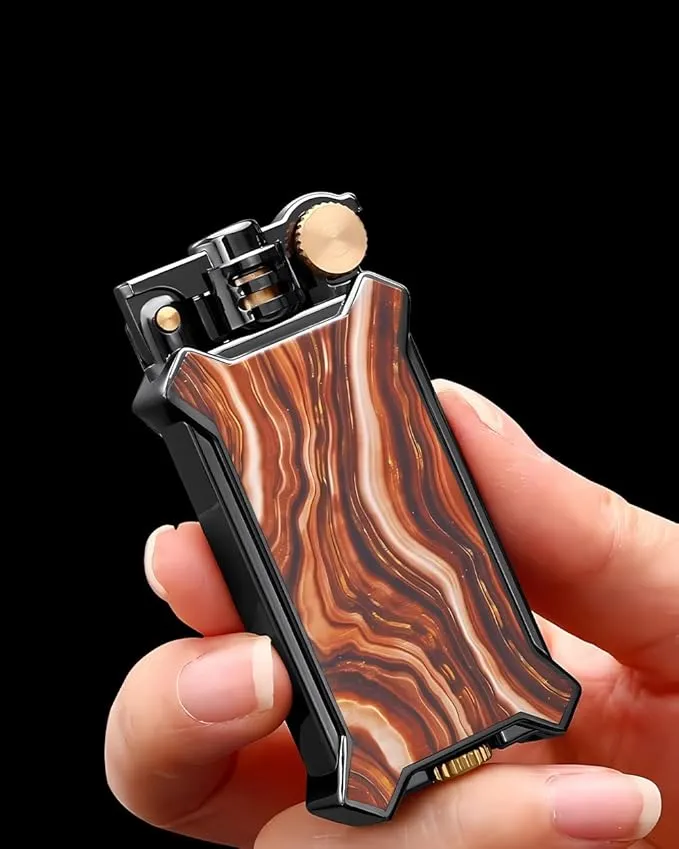 Candle Lighter Soft Flame Refillable Fluid Wheel Lighter Multipurpose Cool Vintage Lighters with Gift Box for Cooking Fireworks Camping Collection Gift (Wood grain)