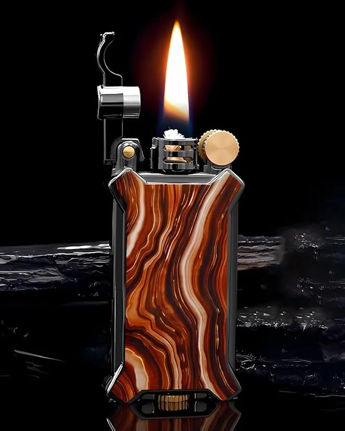 Candle Lighter Soft Flame Refillable Fluid Wheel Lighter Multipurpose Cool Vintage Lighters with Gift Box for Cooking Fireworks Camping Collection Gift (Wood grain)