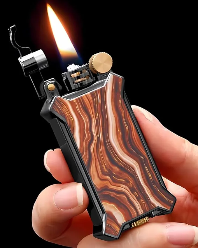 Candle Lighter Soft Flame Refillable Fluid Wheel Lighter Multipurpose Cool Vintage Lighters with Gift Box for Cooking Fireworks Camping Collection Gift (Wood grain)