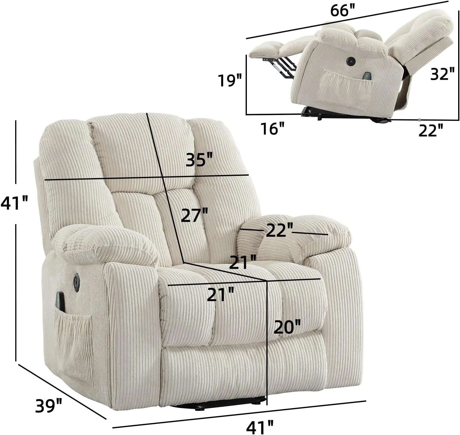 CANMOV Power Lift Recliner Chair with Massage and Heat for Elderly, Overstuffed Wide Recliners, Heavy Duty and Safety Motion Reclining Mechanism with USB Ports, 2 Concealed Cup Holders, Beige