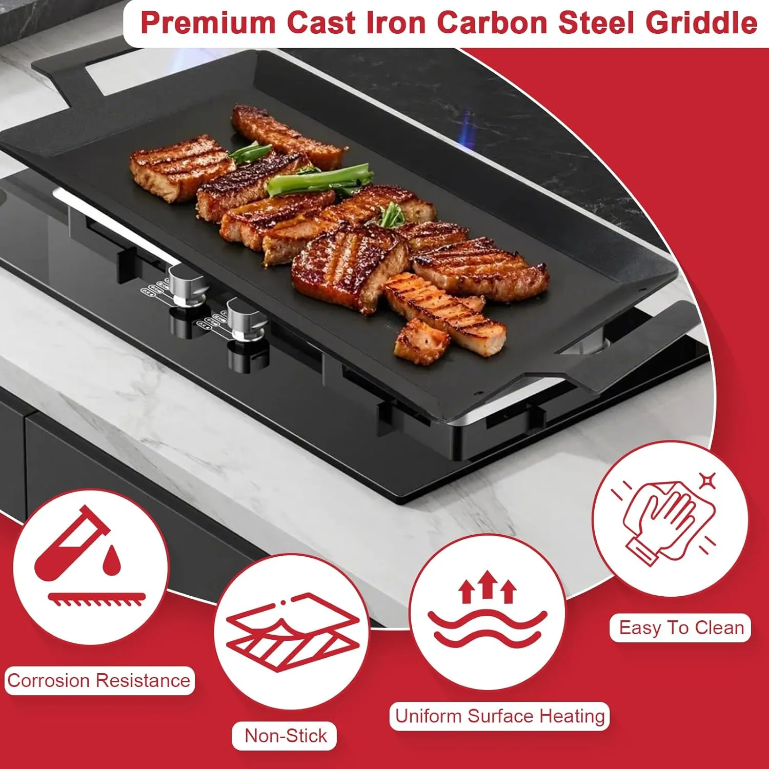 Carbon Steel Griddle for Stove Top Gas Grill, 24'' x 10'' Carbon Steel Flat Top Griddle for Induction Cooktop, Professional Cooking Griddle Pan for Made In Cookware