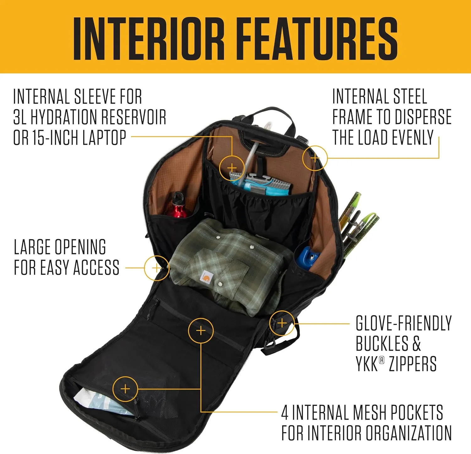 Carhartt 45L Nylon Internal Frame Hiking, Durable Camping & Backpacking Pack W/Hydration Port, Daypack for Men & Women, Black, One Size