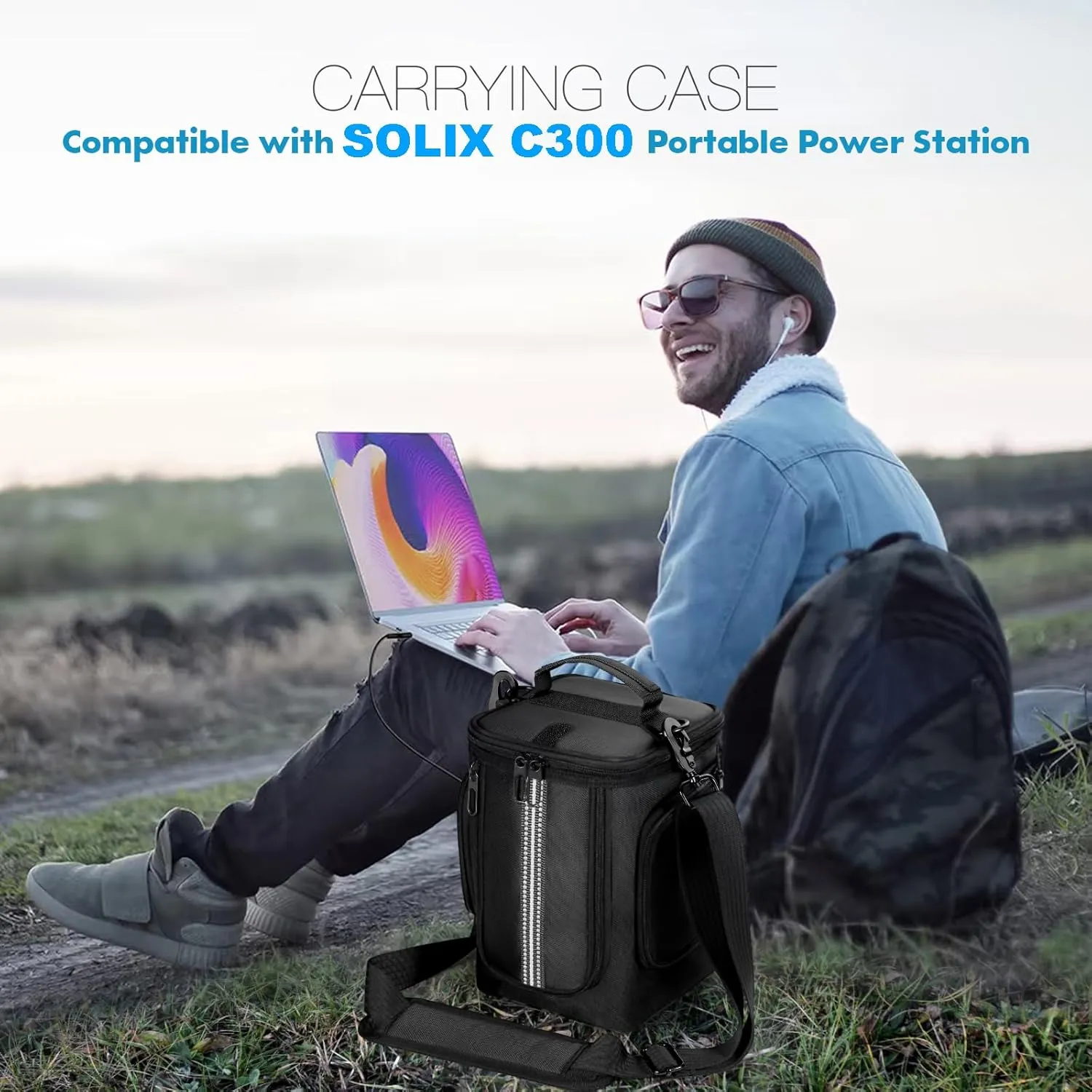 Carrying Case Compatible with Anker SOLIX C300 / SOLIX C1000 / 521, Portable Power Station Outdoor Generator & Accessories Travel Storage Bag with Shoulder Strap Side Pockets (for SOLIX C300)