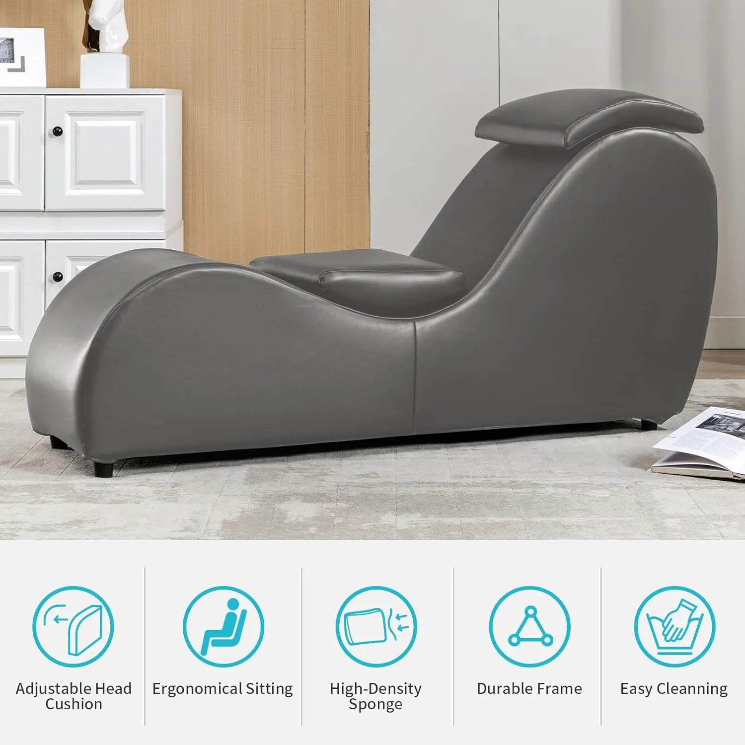 CECER Curved Chaise Lounge Chair for Yoga,Modern Faux Leather Yoga Chair for Stretching, Relaxing, Exercising, Chaise Lounge Indoor for Indoor Living Room,Bedroom（Silver-Grey）