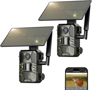 Cellular Trail Camera 2 Packs, Game Camera Built-in SIM Card 4G LTE with Night Vision Motion Activated Waterproof 2K Live View 0.2s Speed Trail Cam with Solar Panel