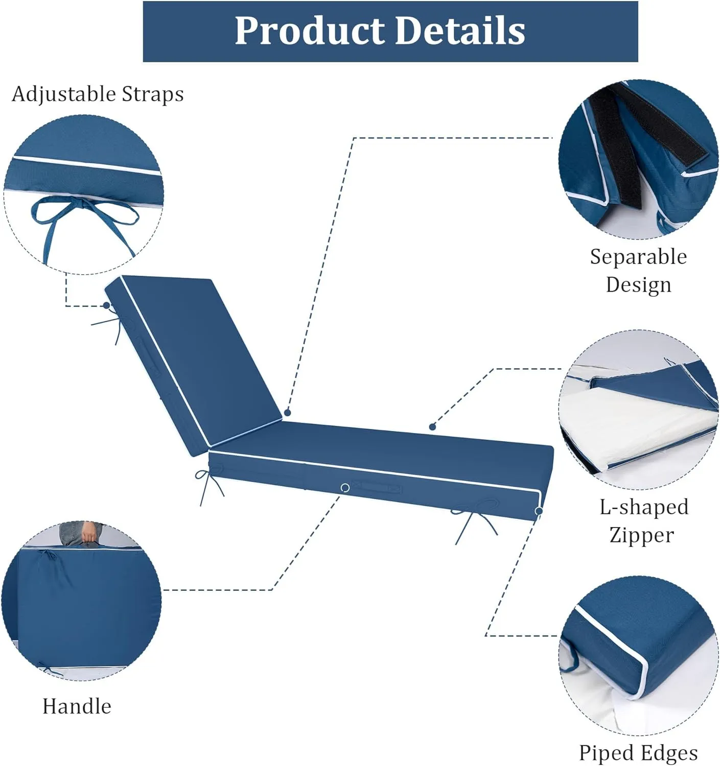 Chaise Lounge Cushions Outdoor Furniture 80 x 26 Inch Patio Lounge Chair Cushions 4'' Thick Waterproof Outdoor Chaise Cushion Weather Resistant Pool Lounger Cushion(Dark Blue)