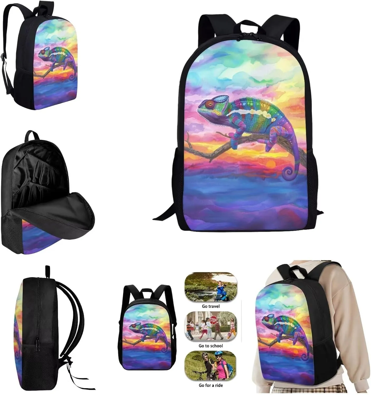 Chameleon Rainbow Sky Travel Backpack Girls Boys School Bookbag Kawaii Hiking Gym Backpack 17 Inch