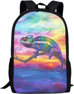 Chameleon Rainbow Sky Travel Backpack Girls Boys School Bookbag Kawaii Hiking Gym Backpack 17 Inch