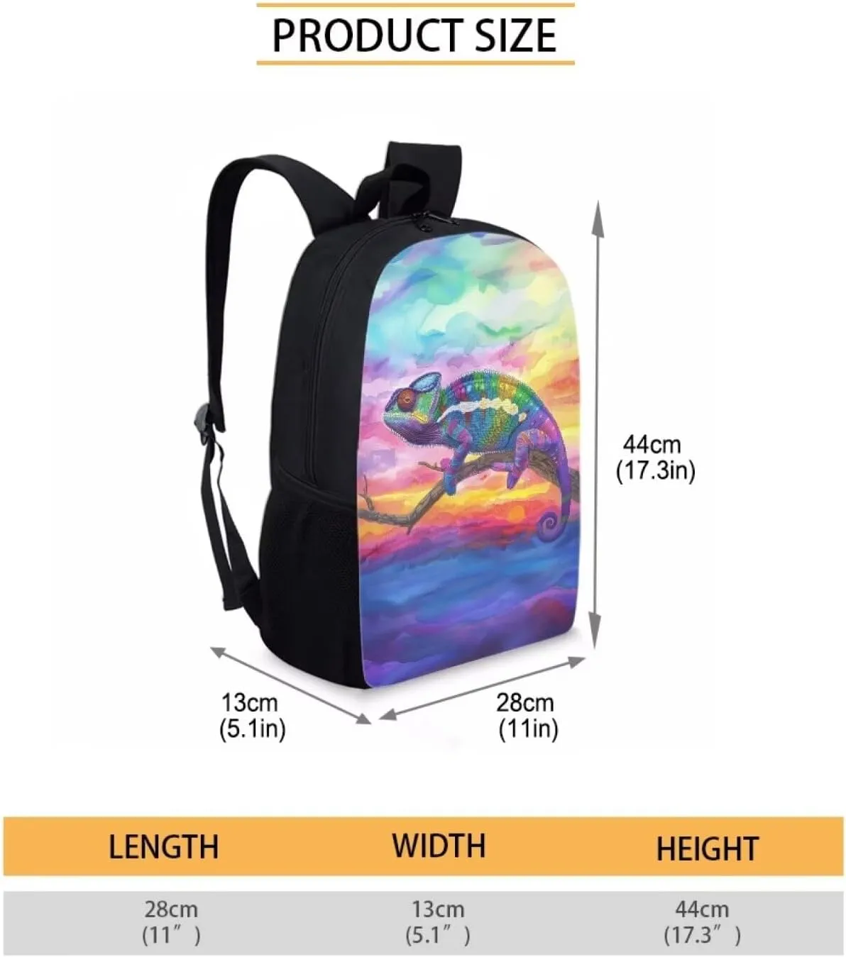 Chameleon Rainbow Sky Travel Backpack Girls Boys School Bookbag Kawaii Hiking Gym Backpack 17 Inch