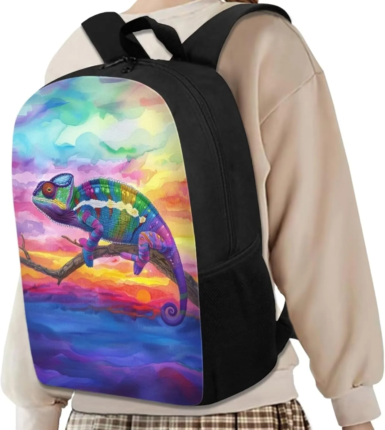 Chameleon Rainbow Sky Travel Backpack Girls Boys School Bookbag Kawaii Hiking Gym Backpack 17 Inch