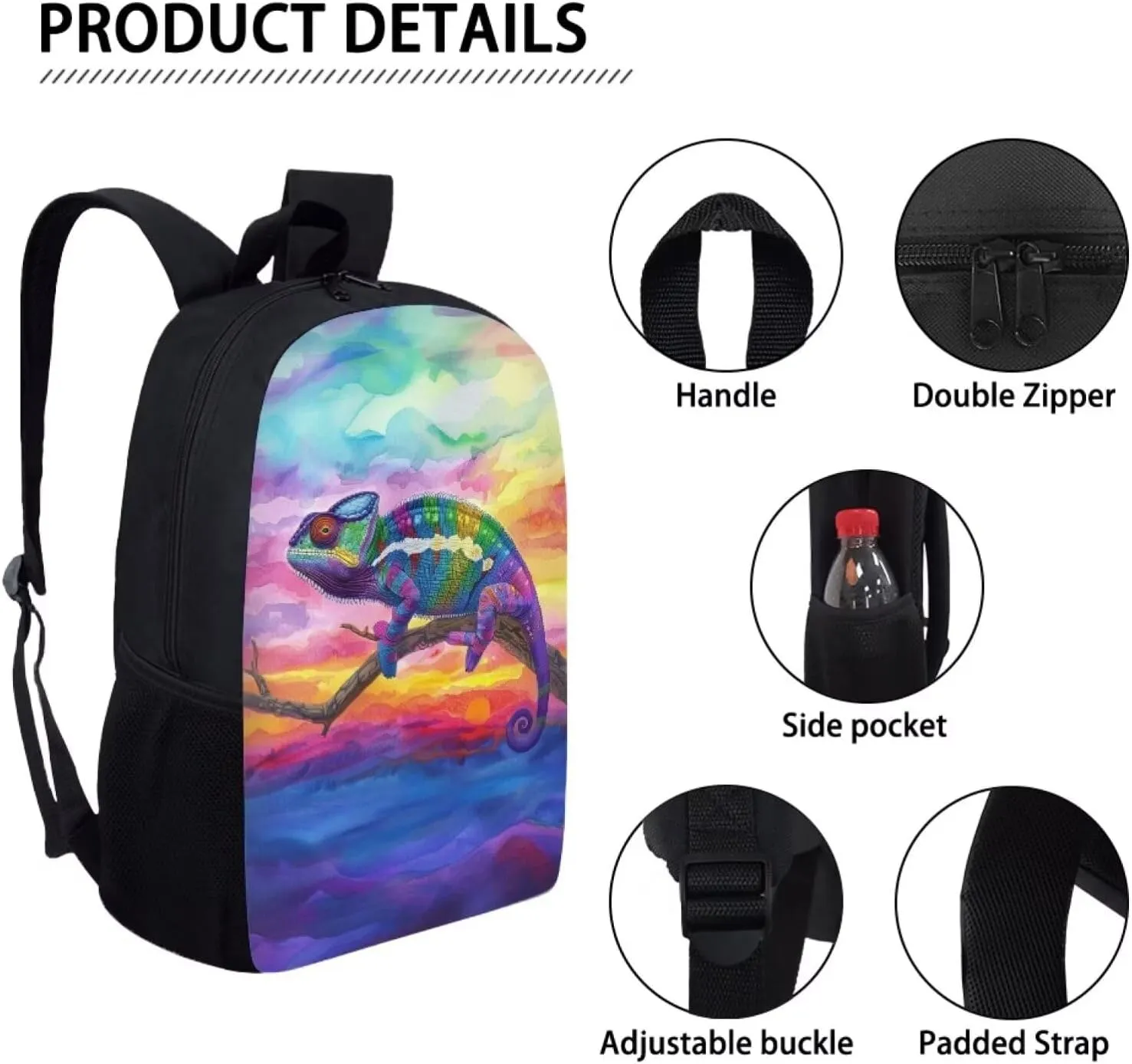 Chameleon Rainbow Sky Travel Backpack Girls Boys School Bookbag Kawaii Hiking Gym Backpack 17 Inch