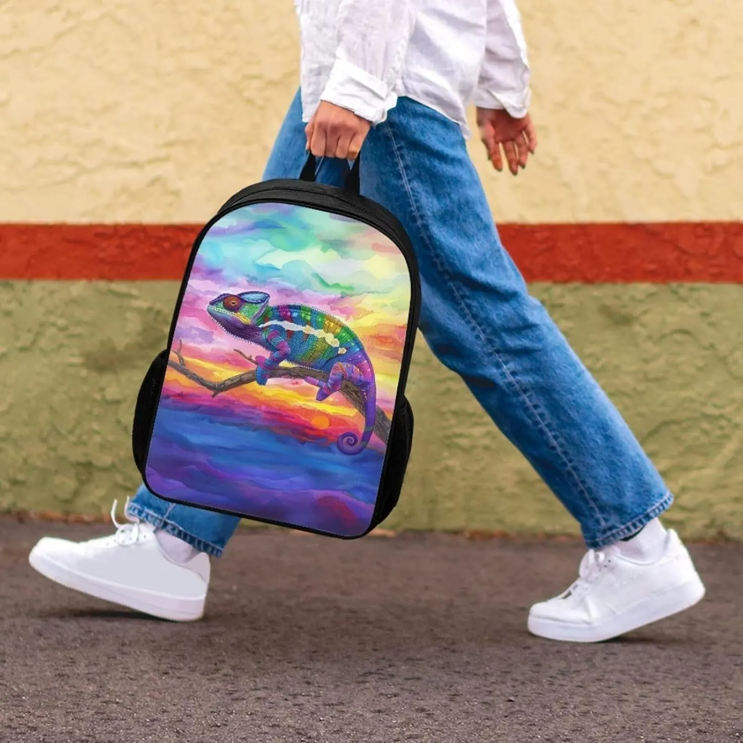 Chameleon Rainbow Sky Travel Backpack Girls Boys School Bookbag Kawaii Hiking Gym Backpack 17 Inch