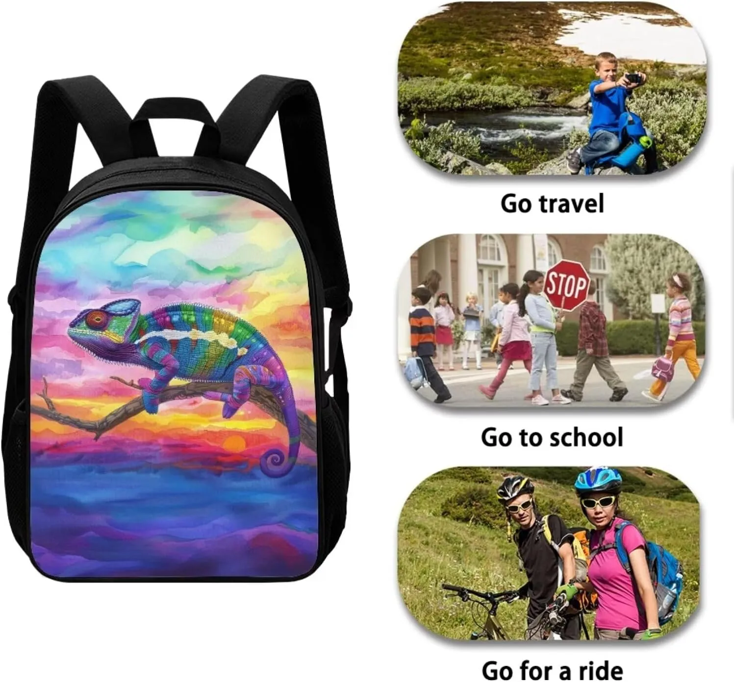 Chameleon Rainbow Sky Travel Backpack Girls Boys School Bookbag Kawaii Hiking Gym Backpack 17 Inch