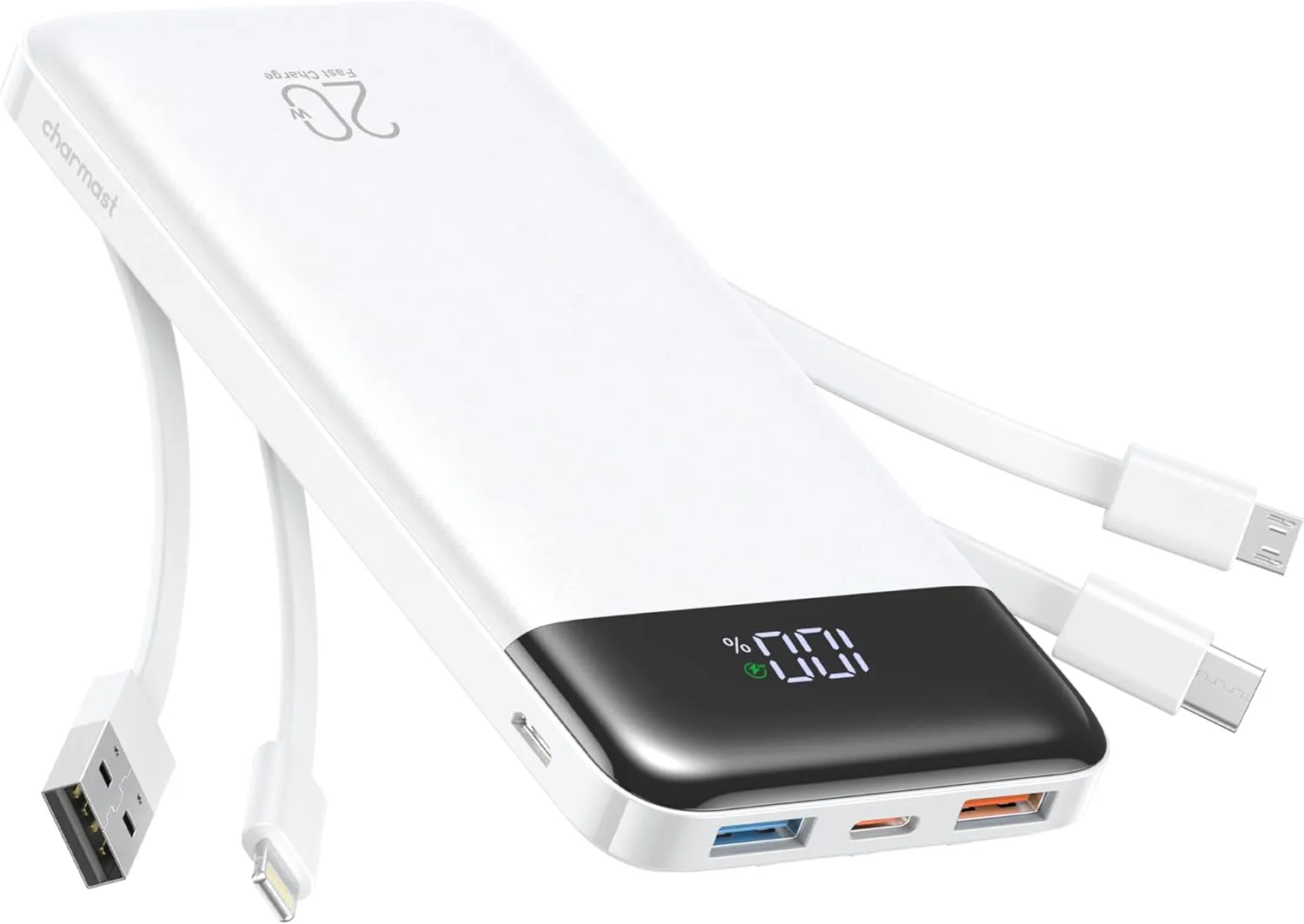 Charmast 20000mAh Portable Charger with 4 Built-in Cables & 6 Outputs, 20W Power Bank Fast Charging - USB C External Battery Pack for iPhone 16 15 14, Android, iPad, Tablet & More (Travel Essential)