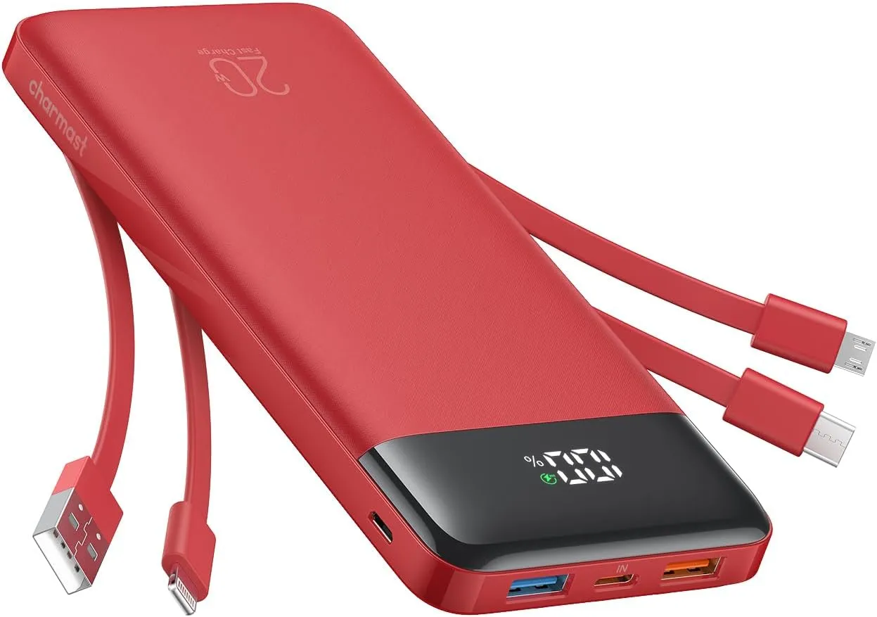 Charmast 20000mAh Portable Charger with 4 Built-in Cables & 6 Outputs, 20W Power Bank Fast Charging - USB C External Battery Pack for iPhone 16 15 14, Android, iPad, Tablet & More (Travel Essential)