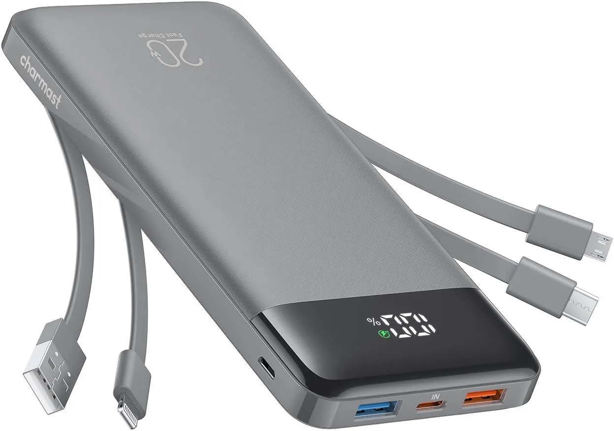 Charmast 20000mAh Portable Charger with 4 Built-in Cables & 6 Outputs, 20W Power Bank Fast Charging - USB C External Battery Pack for iPhone 16 15 14, Android, iPad, Tablet & More (Travel Essential)