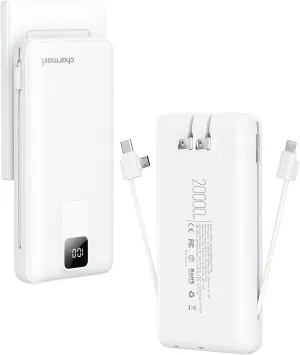 Charmast Portable Charger with Built-in Cables and Wall Plug, 20000mAh 20W USB C Power Bank Fast Charging Battery Pack Compatible with iPhone iPhone 16/15/14/13 Series, Samsung Google iPad etc