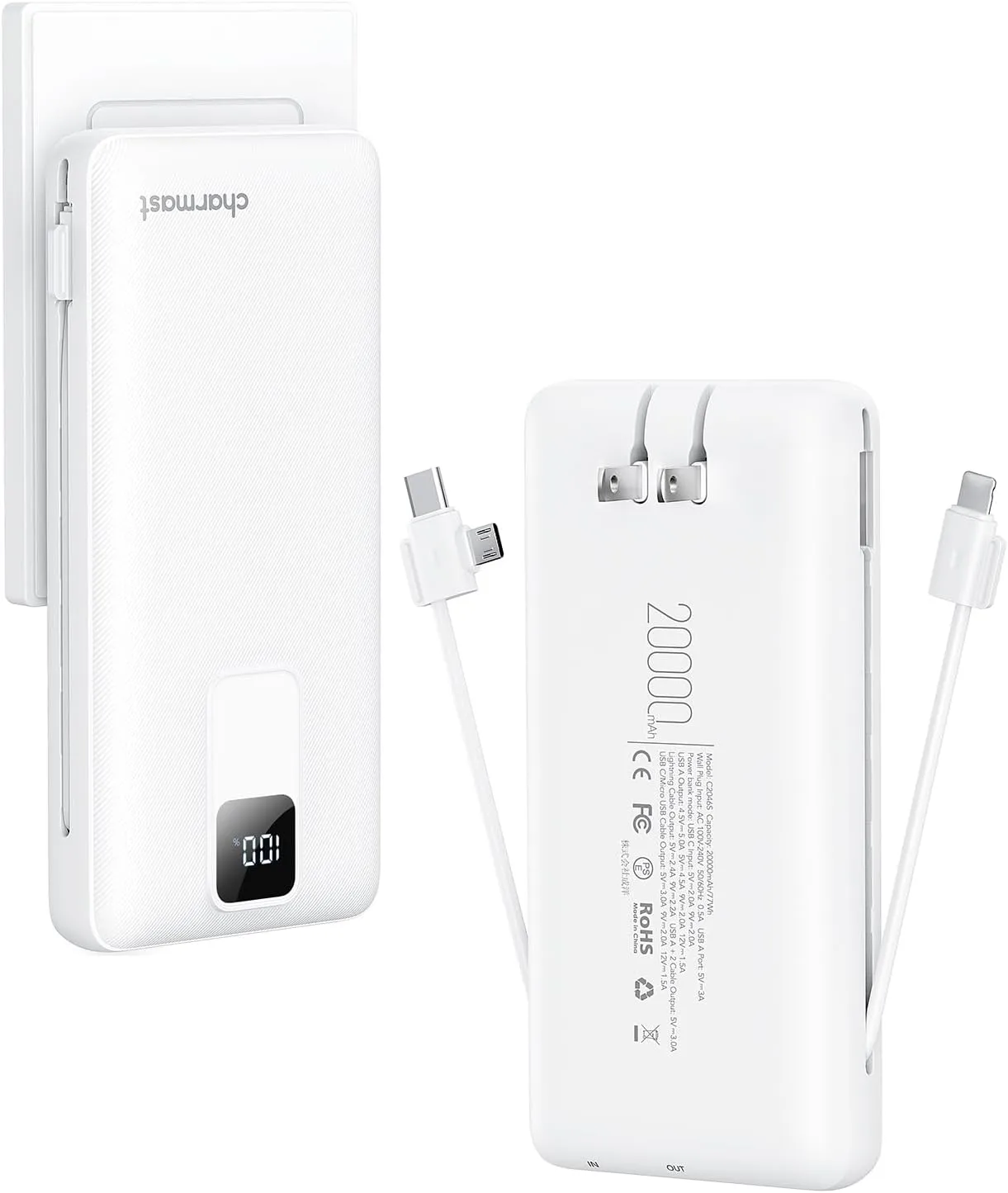 Charmast Portable Charger with Built-in Cables and Wall Plug, 20000mAh 20W USB C Power Bank Fast Charging Battery Pack Compatible with iPhone iPhone 16/15/14/13 Series, Samsung Google iPad etc