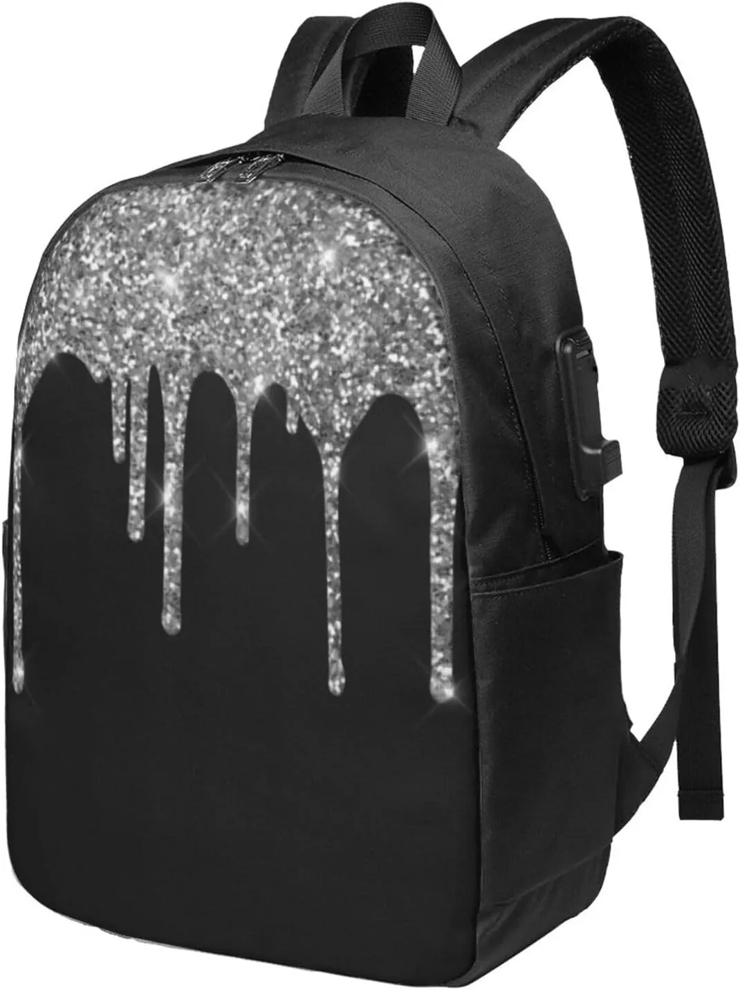Chic Silver Glitter Drips Sparkle Black Ergonomic Travel Laptop Backpack - Fashionable Usb Charging Men'S And Women'S Backpack, Work Gift, Leisure Day Bag