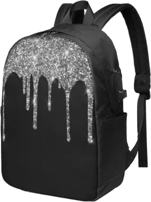 Chic Silver Glitter Drips Sparkle Black Ergonomic Travel Laptop Backpack - Fashionable Usb Charging Men'S And Women'S Backpack, Work Gift, Leisure Day Bag