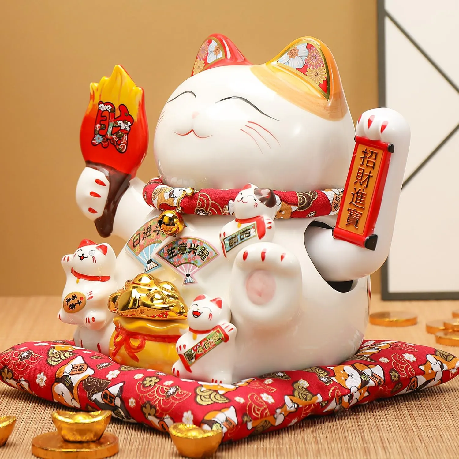 Chinese Ceramic Lucky Cat - Japanese Cat Waving Arm, Lucky Statue Cat Fortune Cat with Moving Arm, Good Luck Statue for Home, Office, and Store Decor
