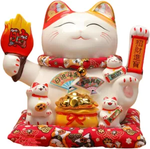 Chinese Ceramic Lucky Cat - Japanese Cat Waving Arm, Lucky Statue Cat Fortune Cat with Moving Arm, Good Luck Statue for Home, Office, and Store Decor
